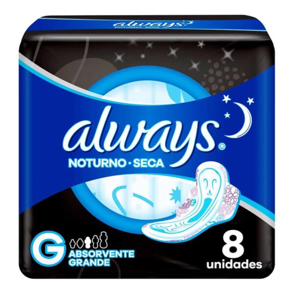 ALWAYS ABSORVENTE NOTURNO COBERTURA SECA G COM ABAS DE 8 UNIDADES