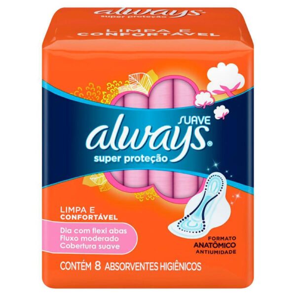ALWAYS ABSORVENTE SUPER PROTEÇÃO SUAVE COM ABAS DE 8 UNIDADES