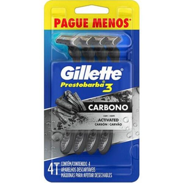 GILLETTE PRESTOBARBA APARELHOS DE BARBEAR DESCARTAVEIS CARVÃO ATIVO COM 4 UNIDADES