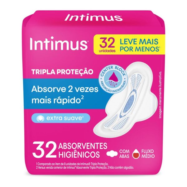 INTIMUS ABSORVENTE GEL TRIPLA PROTEÇÃO SUAVE COM ABAS DE 32 UNIDADES