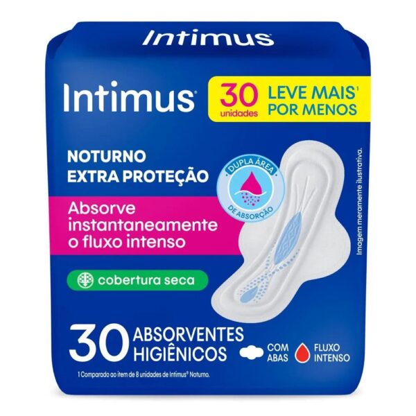INTIMUS ABSORVENTE NOTURNO COBERTURA SECA COM ABAS DE 30 UNIDADES