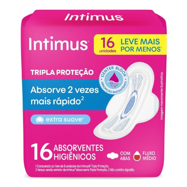 INTIMUS ABSORVENTE TRIPLA PROTEÇÃO EXTRA SUAVE COM ABAS DE 16 UNIDADES